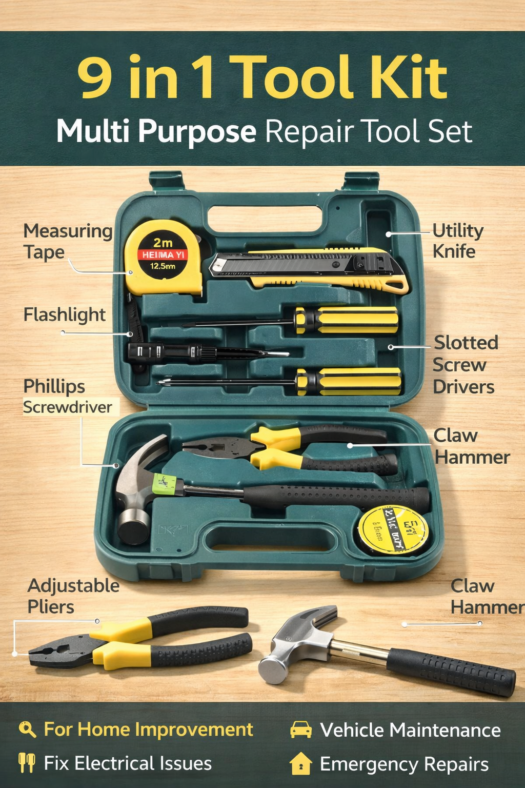 9 in 1 Tool Kit – Multi Purpose Repair Tool Set